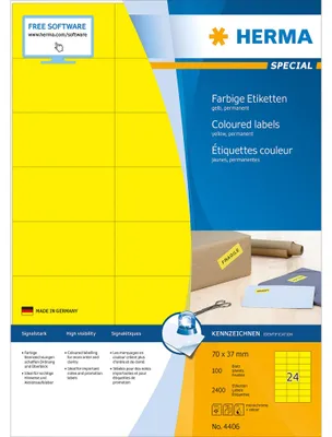 Obrázok produktu pre HERMA Special - Papier - matný - permanentne samolepiaci - žltý - 70 x 37 mm 2400 štítkov (100 listov x 24)