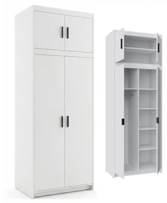 Zdjęcie produktu dla HuskyMeble Dwudrzwiowa szafa uchylna z półkami i drążkiem garderoba sypialnia z nadstawką KAPRI Biała