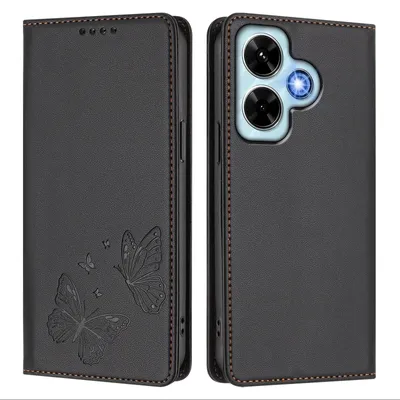 Image de Étui en cuir pour Xiaomi Redmi Note 13 4G, motif papillon en relief, étui à rabat avec porte-appareil, noir