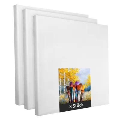 Produktbild von Keilrahmen - 3 Stück - 30 x 30 cm - weiße Künstlerleinwand aus Polyester - zum Bemalen - fertig bespannt - geeignet für Acrylfarben oder Textilfarben