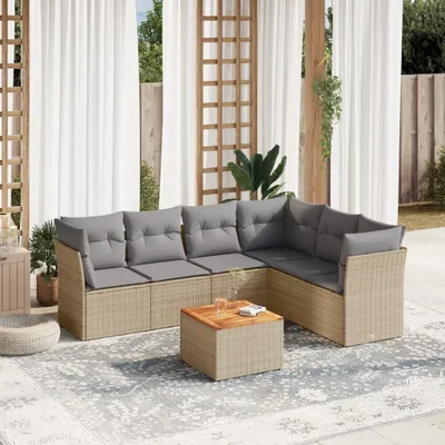 Produktbild von Design 7-tlg. Garten-Sofagarnitur mit Kissen Beige Poly Rattan, Gartenmöbel-Sets 2024 Neu