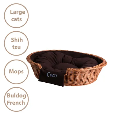 Immagine prodotto di Cestino ovale in vimini per cani con cuscino e nome 60x43 H16 CM