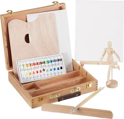 Produktbild von Relaxdays Malkoffer, 22-tlg. Malset Holz, mit Gliederpuppe, Malpalette, Pinsel, Staffelei, Leinwand & Acrylfarben, natur