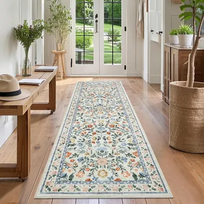 Produktbild von Flur-Läuferteppich 60 x 180 cm Grün Rutschfest Waschbar Niedriger Flor Floral