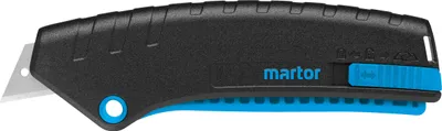 A studio shot of a black and blue utility knife against a white background.