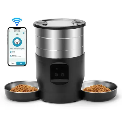 Produktbild von Katzenfutternapf, WiFi-Futterautomat, 4,5l-Doppelnapf, großes Futtertablett, 304-Edelstahl, WiFi-Fütterung, für kleine/mittelgroße Haustiere