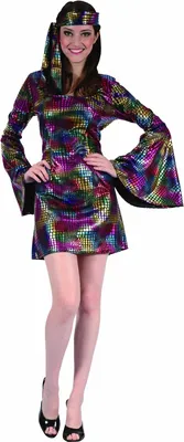 A woman modeling a 70s-style disco dress and headband.