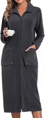 Produktbild von Unyqoos® langer Fleece-Bademantel für Damen – weicher, atmungsaktiver Hausmantel mit Reißverschluss, 2 Taschen, maschinenwaschbar, Gr. S–3XL, lässige Passform