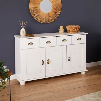 Produktbild von Sideboard COLMAR, Weiß - Landhaus Kommode mit 2 Schubladen und 3 Türen, Kiefer Massivholz, Muschelgriffe aus Metall, ideal für Flur oder Wohnzimmer