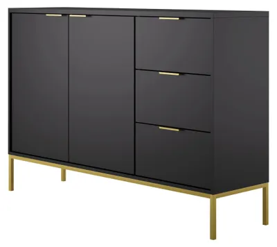 Produktbild von Kommode mit 3 Schubladen und 2 Schränken, modernes Sideboard, Stahlrahmen Schwarz und Gold