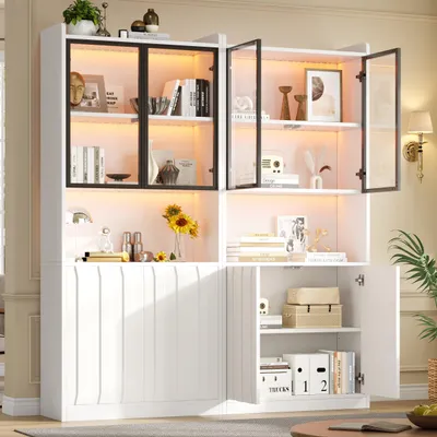 Produktbild von STILVORA Vitrine im 2er-Set mit LED, Hochschrank mit Glastüren, Glasvitrine mit LED und offener Partition, Wohnzimmerschrank mit Glastüren