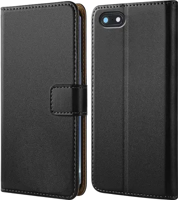 A black flip-style phone case is shown from two angles.