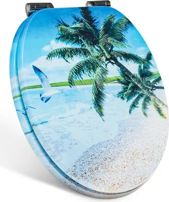 A toilet seat with a tropical beach scene printed on it.