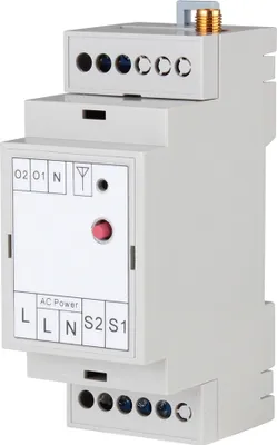 A close-up, slightly angled view of a white DIN rail mountable electrical relay device.