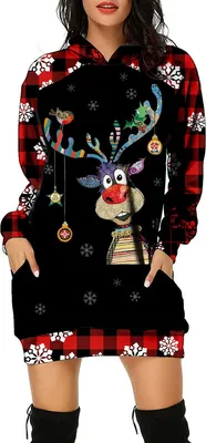 Produktbild von ASKSA Damen Rentier Print Kapuzenpullover Winter Langarm Hoodie Pullover Kleid Pulli Weihnachtskleid, A-Schwarz, XXL