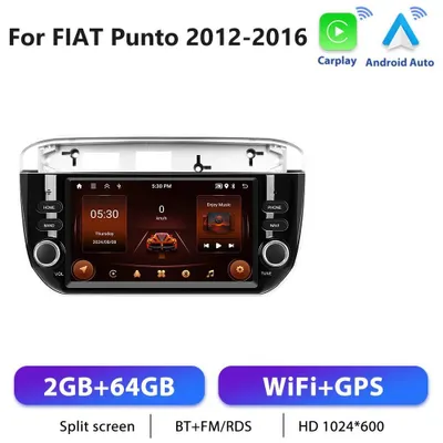 Zdjęcie produktu dla Do Fiata Punto 2012–2016 – radio samochodowe z systemem Android, format 2-DIN – wyświetlacz 17,8 cm – Apple CarPlay – pamięć 2+64 GB – system Android 13 – GPS, DSP, RDS – rozdzielczość 1024×600