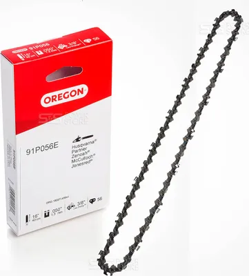 A chainsaw chain and its packaging are displayed against a white background.