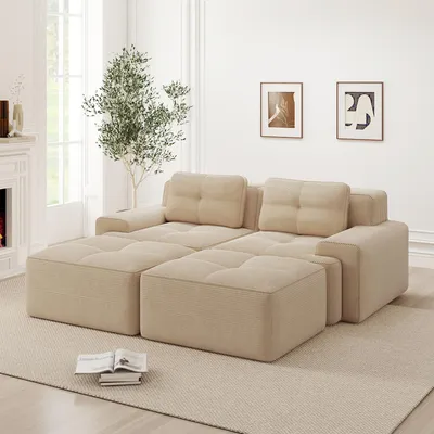 Image de Canapé Cloud en velours côtelé, forme en U, canapé modulable sans structure, avec pouf, deux places, 204 x 177 x 69 cm, beige