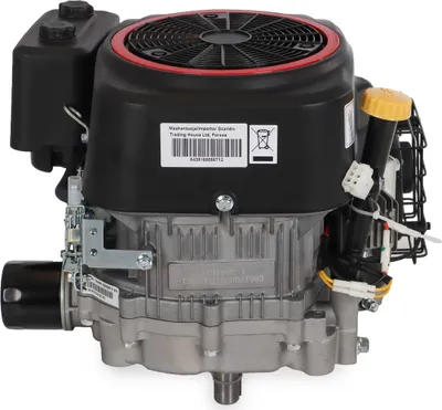 A close-up studio shot of a lawnmower engine.
