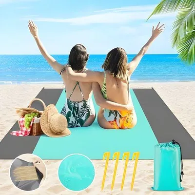 Produktbild von PolkaHome® Klappbare Picknickdecke 210 x 200 cm - sandfreie Stranddecke, wasserdicht, mit 4 Heringen