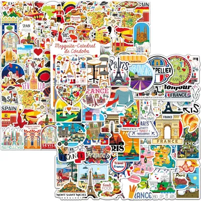 100 Weltreise-Sticker, wasserdicht, Vinyl, Frankreich & Spanien