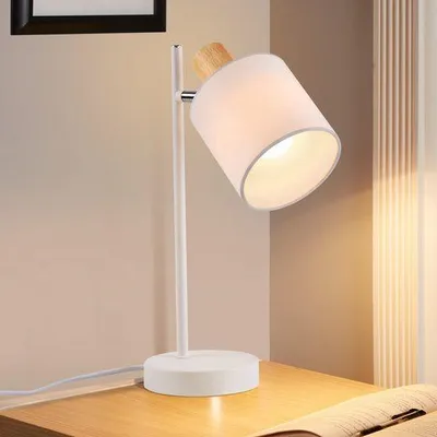 Image de ZMH Lampe de table en bois Lampe de chevet Vintage - 35.5cm E14 Lampe de table Abat-jour en tissu blanc avec interrupteur Câble et prise Rétro Tissu Lampe de salon Pivotante pour salon bureau (sans ampoules)