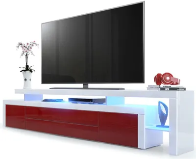 Produktbild von Vladon TV Board Lowboard Leon V3,  Germany, Korpus und Überbau in Weiß Hochglanz / Front in Bordeaux Hochglanz mit Rahmen in Weiß Hochglanz inkl. LED Beleuchtung (227 x 52 x 35 cm)