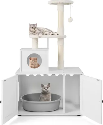 A white cat tree with multiple levels, including a cabinet base with a litter box, a cubby with a kitten, and a perch with a cat.