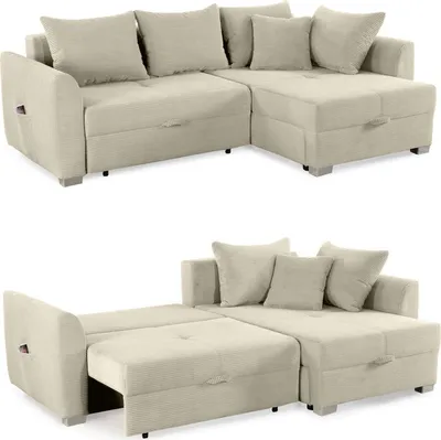 Produktbild von Ecksofa L-Form Couch Polsterecke Schlaffunktion Bettkasten Cord in Beige Grau / 15201