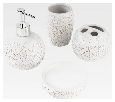 Produktbild von Badezimmer-Set 4-teilig aus weißer Keramik mit Basrelief, bestehend aus Seifenspender, Zahnputzbecher, Seifenschale und Becher