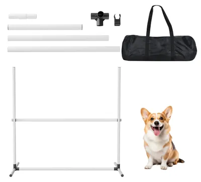Imagen del producto de QEENTOE, juego de agility para perros, incluye 4 obstáculos con altura ajustable, así como palos para slalom, todo ello con una bolsa de transporte. Es un equipo de entrenamiento ideal para escuelas de perros (blanco)