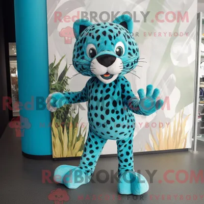 Produktbild von Maskottchen REDBROKOLY eines cyanfarbenen Leoparden mit Leggings und Schuhclips