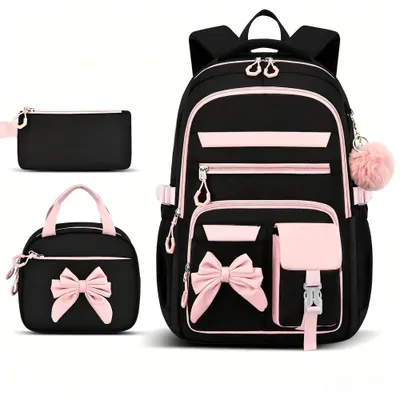 Produktbild von 3-teiliges Schulranzen-Set Lila Nylon Rucksack + Lunchbag, leicht, atmungsaktiv, robust, für Jungen & Mädchen, Schule, Freizeit, Teenager, Schwarz-rosa