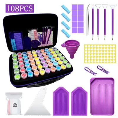 A diamond painting organizer kit with numerous small containers filled with colored beads, tools, and a storage case.