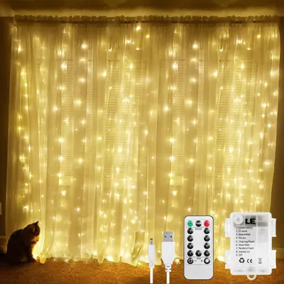 Image de Rideau lumineux LED, 3 x 3 mètres, éclairage d'ambiance USB, 300 LED blanc chaud, 8 modes, variateur de luminosité, fil de cuivre. Guirlande lumineuse à piles pour décoration intérieure et extérieure, idéale pour les chambres, les fêtes, Noël et les mariages