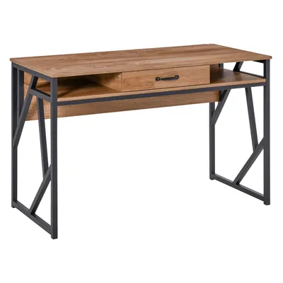 Image de HOMCOM Bureau Style Industriel dim. 120L x 60l x 76H cm tiroir + 2 niches piètement métal Noir Plateau Aspect Bois Noyer