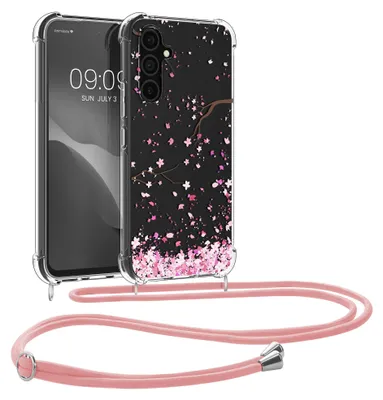 Produktbild von kwmobile Necklace Case kompatibel mit Samsung Galaxy A54 5G Hülle - Silikon Cover mit Handykette - Rosa Dunkelbraun Transparent Kirschblütenblätter