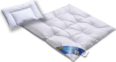 A white down comforter and a small white pillow are laid out on a white surface.