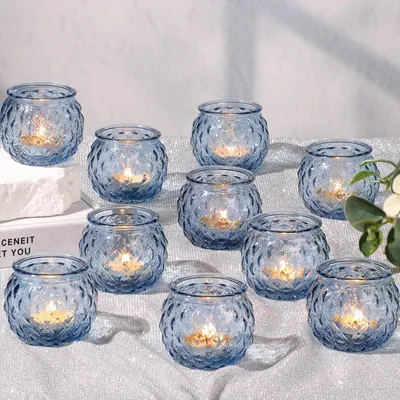 24er-Set blaue Glas-Votivkerzenhalter, Diamantstruktur