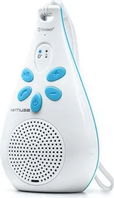 A white and blue Bluetooth speaker with buttons on a white background.