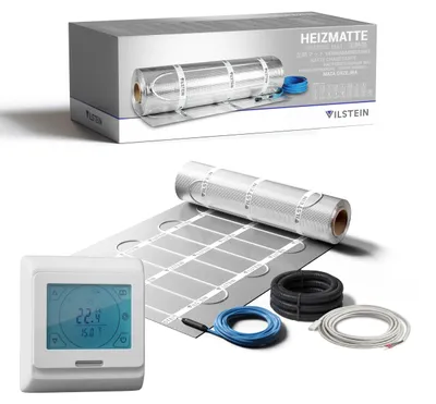 Produktbild von VILSTEIN Aluminium-Fußbodenheizung 150W/m² – Elektrische Heizmatte für Laminat, Parkett & Vinyl, selbstklebend, zuschneidbar, Touchscreen-Thermostat, Komplettset 4m²