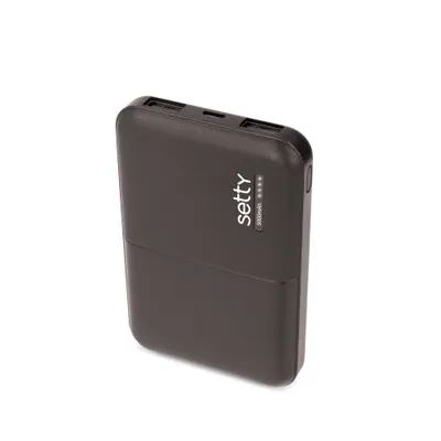 A black power bank is shown against a white background.