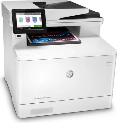 A white HP Color LaserJet Pro M479fdw multifunction printer is shown from a three-quarter front angle against a white background. A printed document is partially visible in the output tray.