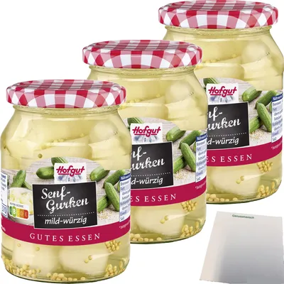 Produktbild von Hofgut Senfgurken 3er Pack (3x370ml Glas) + usy Block