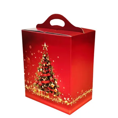 Produktbild von Geschenkbox mit Weihnachtsmotiv groß 290 x 190 x 350 mit Tragegriff Weihnachtsbaum rot
