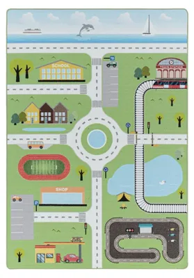 Produktbild von Kurzflor-Kinderteppich mit Verkehrsmotiv, grün 100 x 150 cm