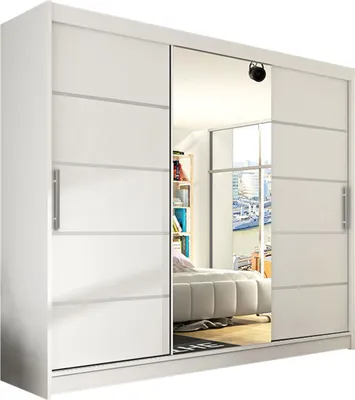 Produktbild von MIRJAN24 Großer Schwebetürenschrank Aston VI mit drei Türen, Kleiderschrank mit Kleiderstange, Frontspiegel (Farbe: Weiß / Spiegel, ohne Beleuchtung)