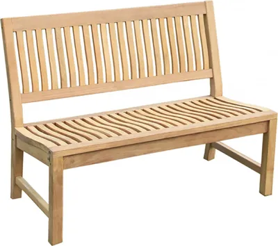 A wooden garden bench is shown against a white background.