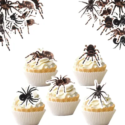 Productafbeelding van Eetbare cupcake-decoraties in de vorm van spinnen, 48 stuks. Halloween-taartdecoratie, eetbaar papier, muffin-decoratie, geschikt voor een horrorfeest
