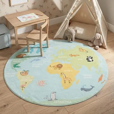 Produktbild von Volero - Kinderteppich Rund - Globe Hellblau - Ø 120 cm - Kinderzimmer, Babyzimmer